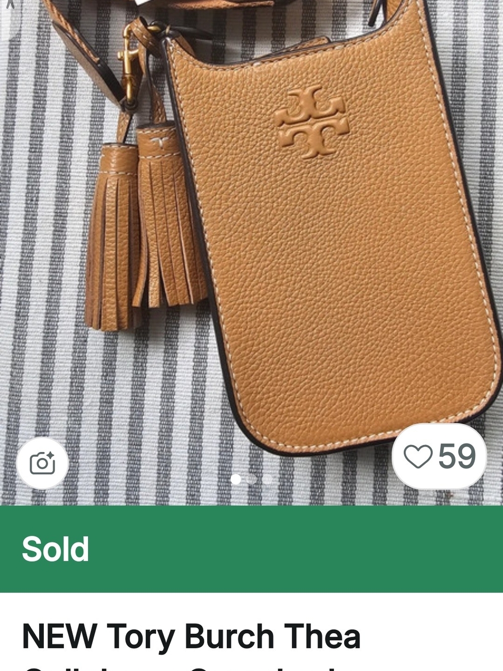 Tory Burch Tan Pebbled Leather Crossbody Phone Pouch with Tassels